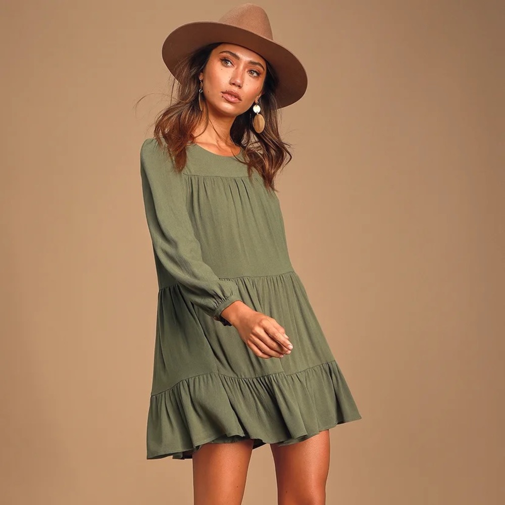 Olive Green Tiered Long Sleeve Swing Dress (Lulus)
